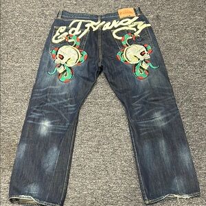Ed Hardy Blue Bootcut Jeans with Colorful Embroidery